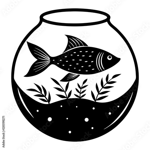 Fish in a fishbowl with plant  silhouette vector illustration   
