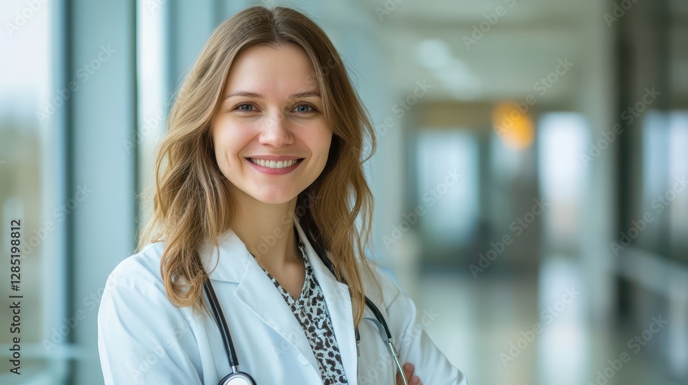 Smiling Female Doctor in White Coat with Stethoscope in Hospital Smiling Female Doctor in White Coat with Stethoscope in Hospital