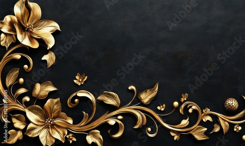 Golden calligraphy flourishes on a black background, forming a decorative border design, Generative AI