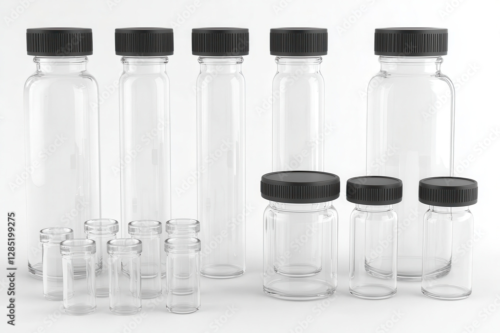 Clear glass vials with black screw caps in various sizes Clear glass vials with black screw caps in various sizes