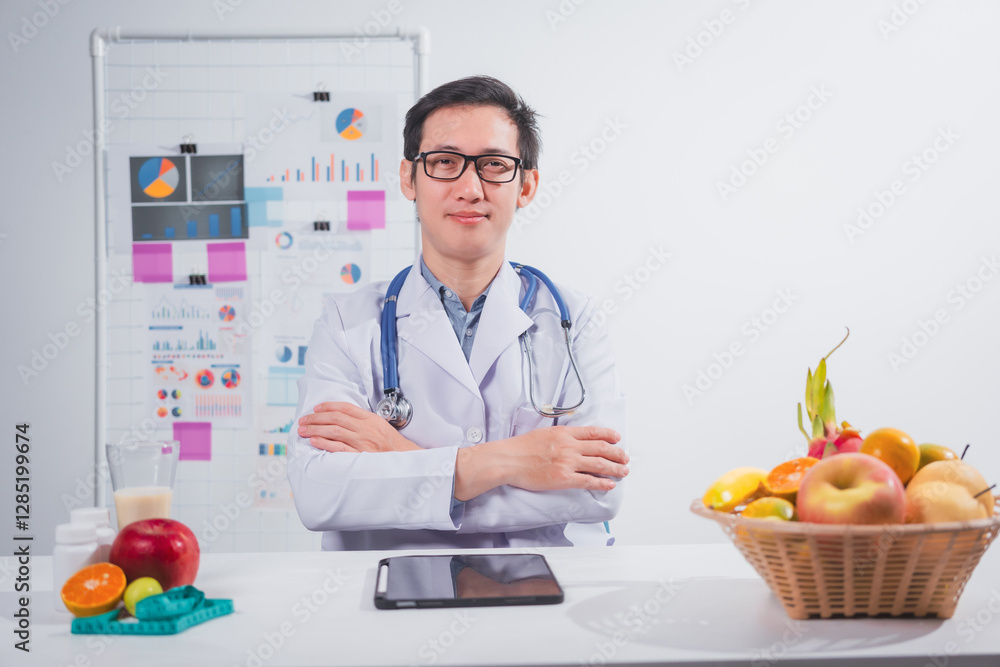 A male nutritionist works at his desk, discussing the benefits of eating fruit. He analyzes diets and educates patients on healthy eating habits for optimal health and well-being A male nutritionist works at his desk, discussing the benefits of eating fruit. He analyzes diets and educates patients on healthy eating habits for optimal health and well-being