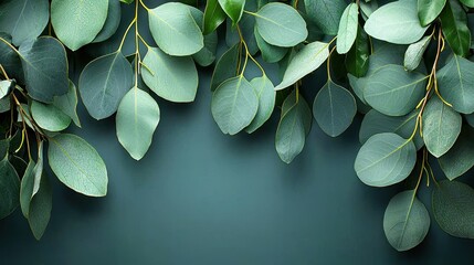 Elegant eucalyptus leaves on teal backdrop creating a serene botanical arrangement