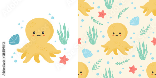 Funny octopus and seaweeds seamless pattern