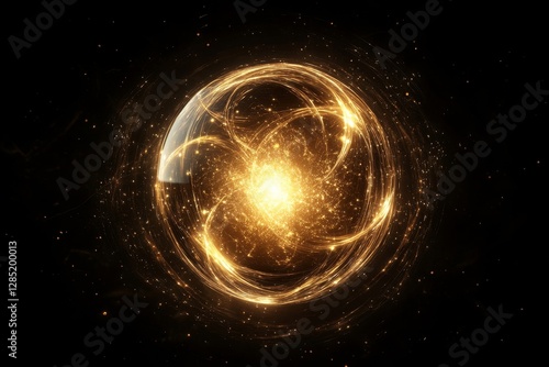 glowing golden orb floating in the center of a black background, symbolizing light and energy, Generative AI