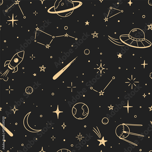 Space star vector seamless pattern. Hand drawn doodle sketch line style galaxy planet star, rocket, moon cute kid seamless pattern. Space planet kid doodle background. Vector illustration