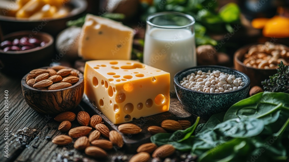 Naklejka premium Variety of healthy dairy and plant-based foods on rustic wooden surface