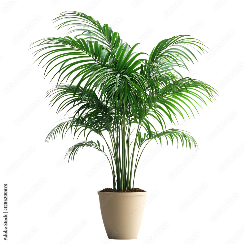 A Lush Potted Palm Plant with Large Arched Green Leaves Isolated on Transparent Background A Lush Potted Palm Plant with Large Arched Green Leaves Isolated on Transparent Background