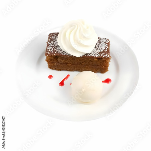 Plate of traditional Cuban dessert with cake and ice cream ball La Havana