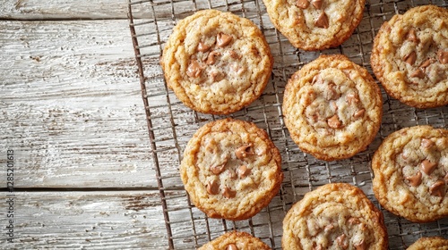 Freshly baked chocolate chip cookies cooling on a wire rack, delightful treat