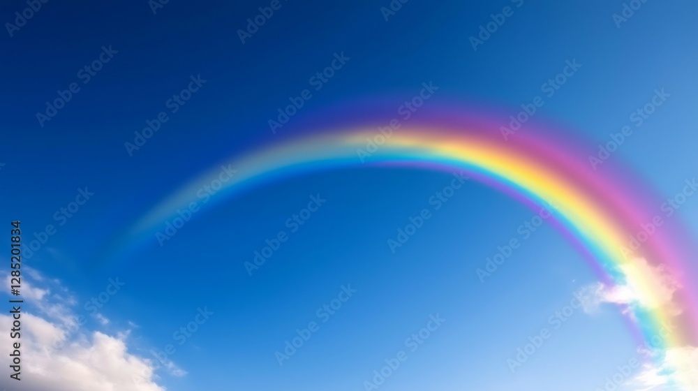 Vibrant Rainbow Arc Displayed Against Azure Blue Sky Canvas with Wispy Clouds Harmony and Celestial Radiance Vibrant Rainbow Arc Displayed Against Azure Blue Sky Canvas with Wispy Clouds Harmony and Celestial Radiance