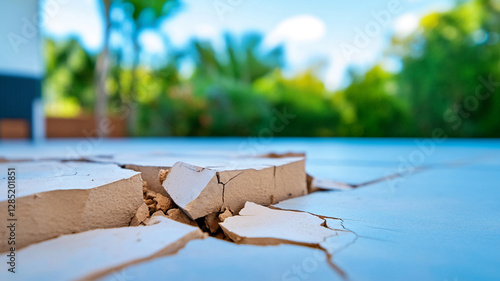 Fractured foundation close up reveals cracks in surface, showcasing damage and neglect in sunny outdoor setting