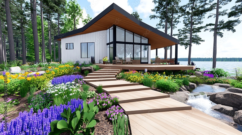 Naklejka premium Modern Lakeside Cabin with Stunning Floral Landscaping and Wooden Steps