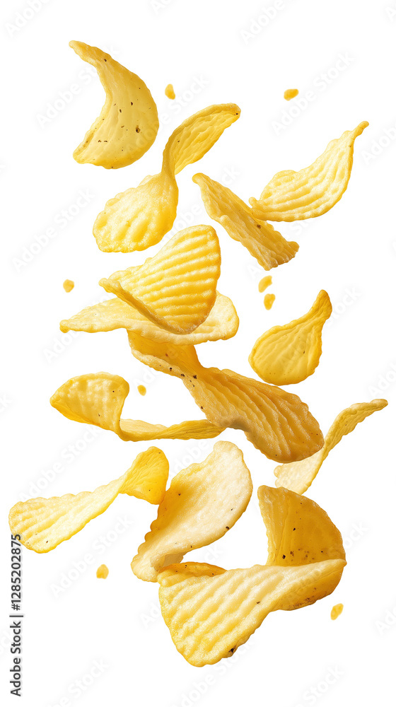 flying Ridged potato chips isolated on transparent white background, clipping path flying Ridged potato chips isolated on transparent white background, clipping path