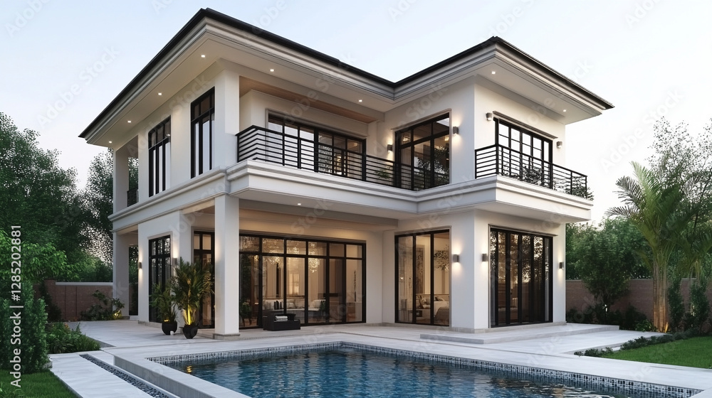 Fototapeta premium A 3D rendering of a modern two-story house with a large swimming pool, showcasing a minimalist exterior design, blending luxury, sophistication, and contemporary living in an elegant environment