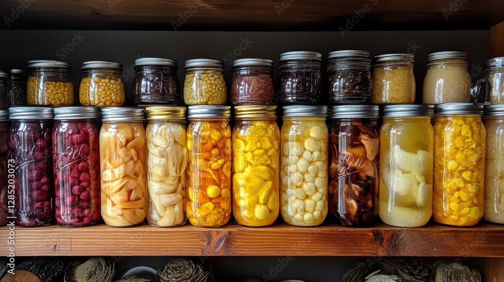 Colorful Display of Preserved Fruits and Vegetables in Glass Jars on Wooden Shelf Colorful Display of Preserved Fruits and Vegetables in Glass Jars on Wooden Shelf