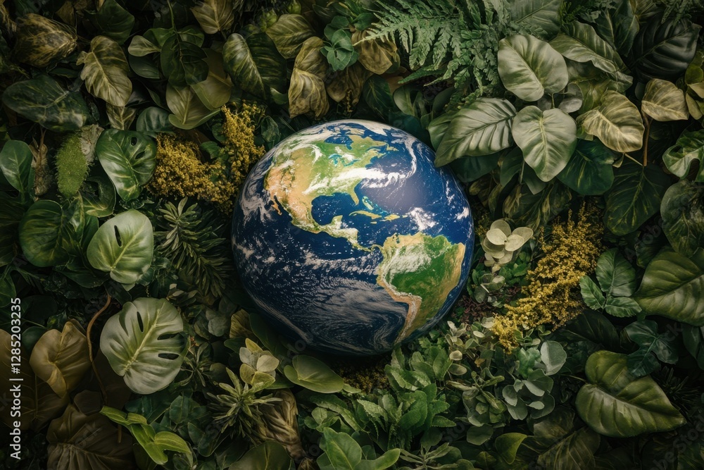 Earth globe surrounded by vibrant trees and plants nature scene close-up lush environment eco-friendly concept Earth globe surrounded by vibrant trees and plants nature scene close-up lush environment eco-friendly concept