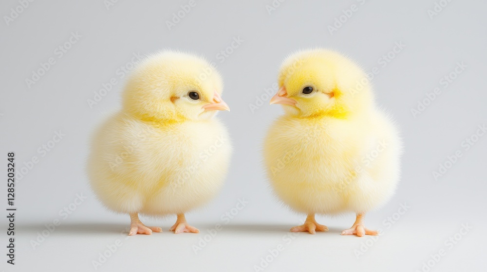 Two fluffy chicks facing each other, studio shot, spring Two fluffy chicks facing each other, studio shot, spring
