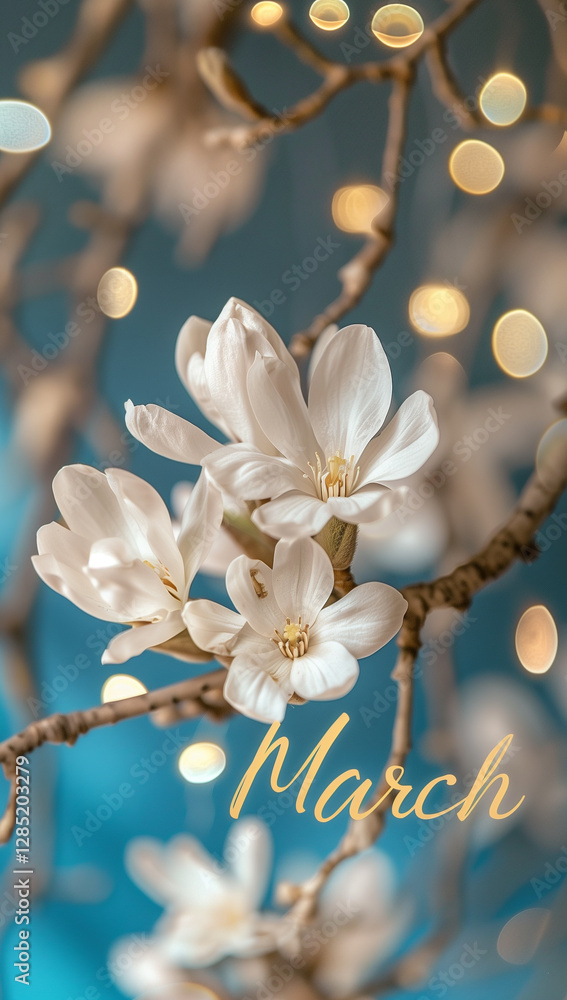 Fototapeta premium A beautiful arrangement of vibrant white flowers against a soft blue background, complemented by elegant golden march text, capturing the essence of spring and celebration.
