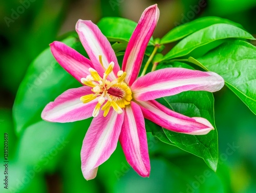 Pink and White Passion Flower Blossom Displays Intricate Floral Beauty in Vibrant Garden Setting.