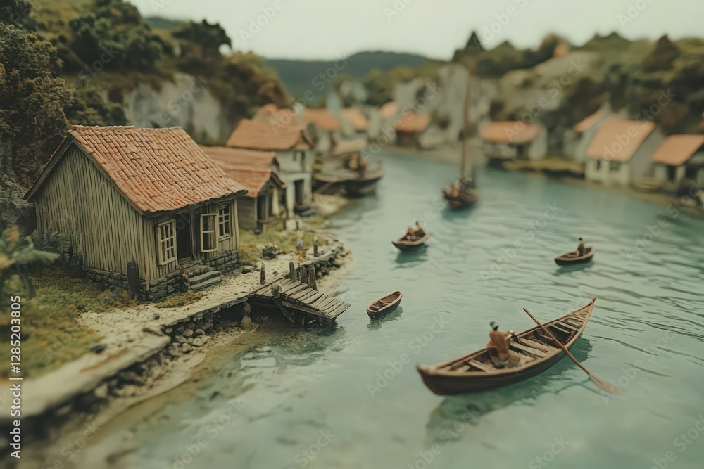 Obraz premium Detailed Miniature Model of a Medieval Village Beside a Calm River