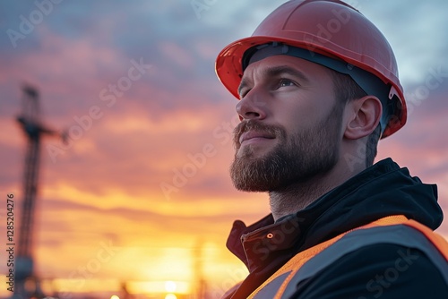 Silhouette of engineer and construction team working at site over blurred background sunset pastel for industry background with Light fair photo