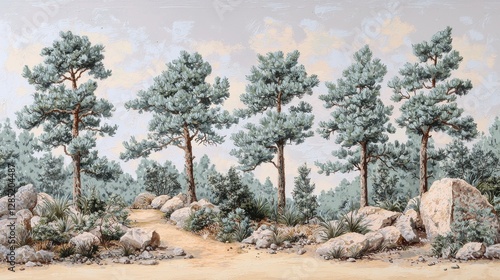 Enchanting woodland scene with towering pine trees and rocky terrain, creating a serene and picturesque natural landscape