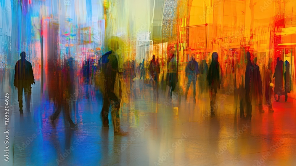 Abstract Colorful Motion Blur of People Walking at Busy Location
