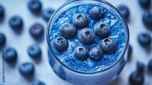 Vibrant Blueberry Smoothie in Glass on White Background photo