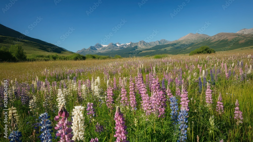 Obraz premium Vibrant Wildflower Meadow with Mountain Range Background