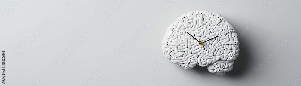 Conversion disorder psychology cognitive FND. Brain-shaped clock on a minimalist surface. Conversion disorder psychology cognitive FND. Brain-shaped clock on a minimalist surface.