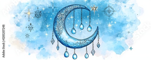 Watercolor illustration of a crescent moon surrounded by celestial objects photo