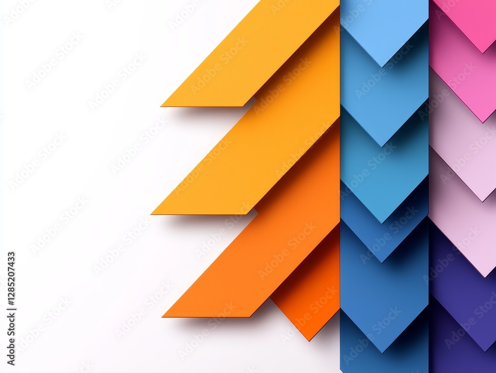 Abstract Colorful Geometric Arrow Layers Design on White Backdrop Contemporary and Artistic Abstract Colorful Geometric Arrow Layers Design on White Backdrop Contemporary and Artistic