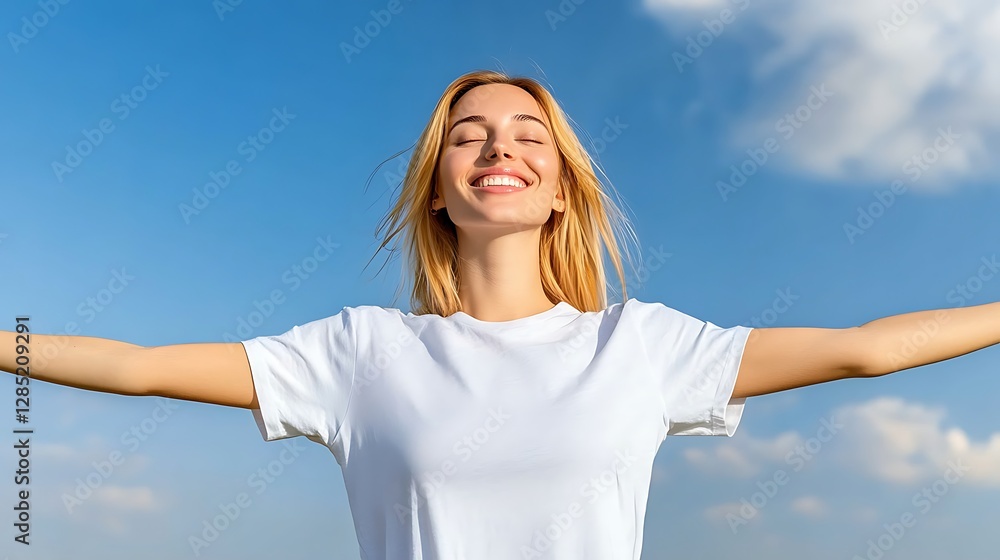 Joyful woman embracing freedom outdoor setting lifestyle image clear sky positive vibes Joyful woman embracing freedom outdoor setting lifestyle image clear sky positive vibes