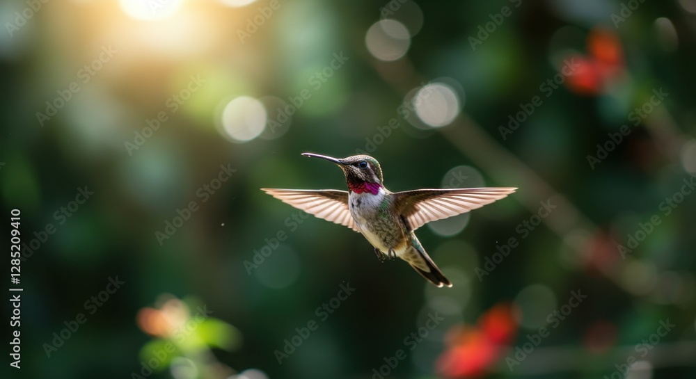 Fototapeta premium Ruby-Throated Hummingbird in Flight: A Moment of Nature's Beauty
