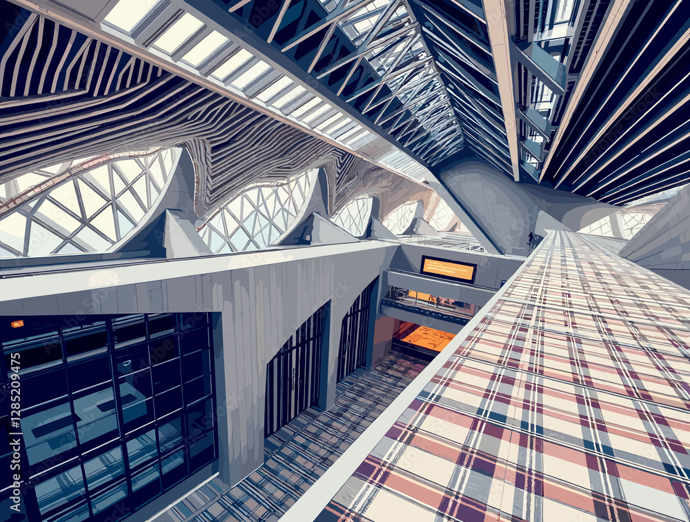 Fototapeta premium Modern architectural design showcases unique lines and angles inside a contemporary building in a bustling urban area