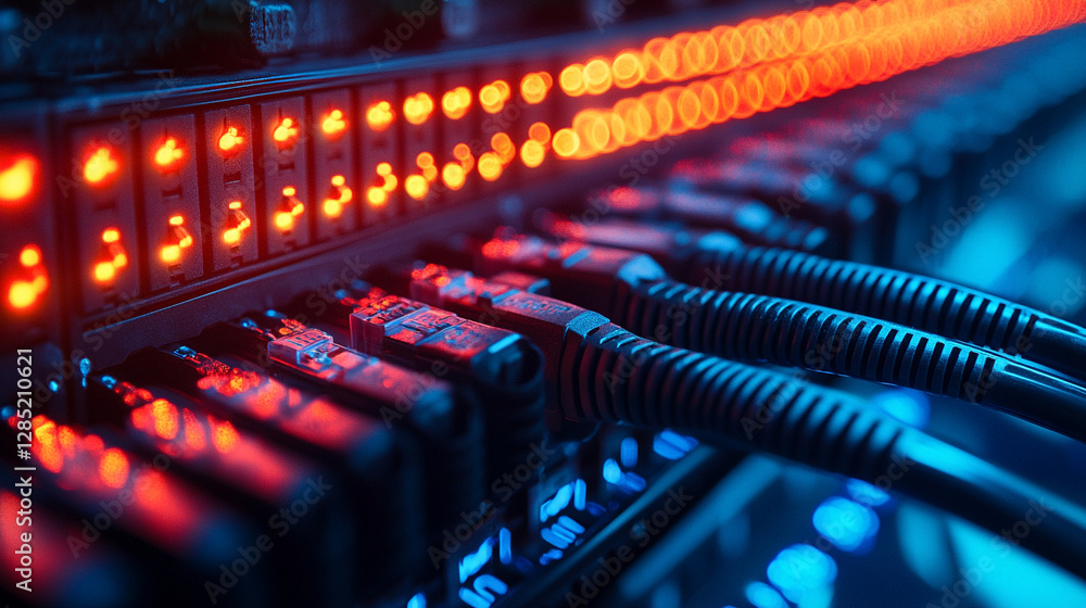 A shot of the network backbone in a server farm, showcasing neatly organized cables and switches, symbolizing the complex connectivity behind seamless data transfer in modern technology.
A shot of the network backbone in a server farm, showcasing neatly organized cables and switches, symbolizing the complex connectivity behind seamless data transfer in modern technology.