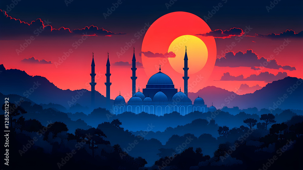 Obraz premium Mosque at Sunset, Mountainous Forest