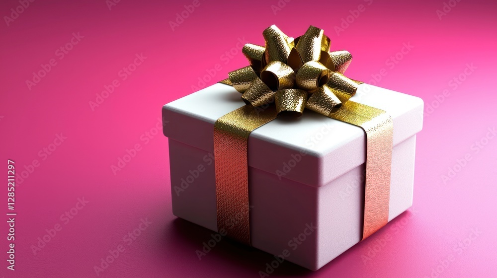 Fototapeta premium A beautifully wrapped white gift box with a golden ribbon and bow on a vibrant pink background