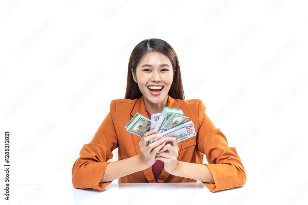Beautiful business woman in suit, successful holding money US dollar bills in hand isolated on white background, feeling happy and smiling. Finance and investment concept. Beautiful business woman in suit, successful holding money US dollar bills in hand isolated on white background, feeling happy and smiling. Finance and investment concept.