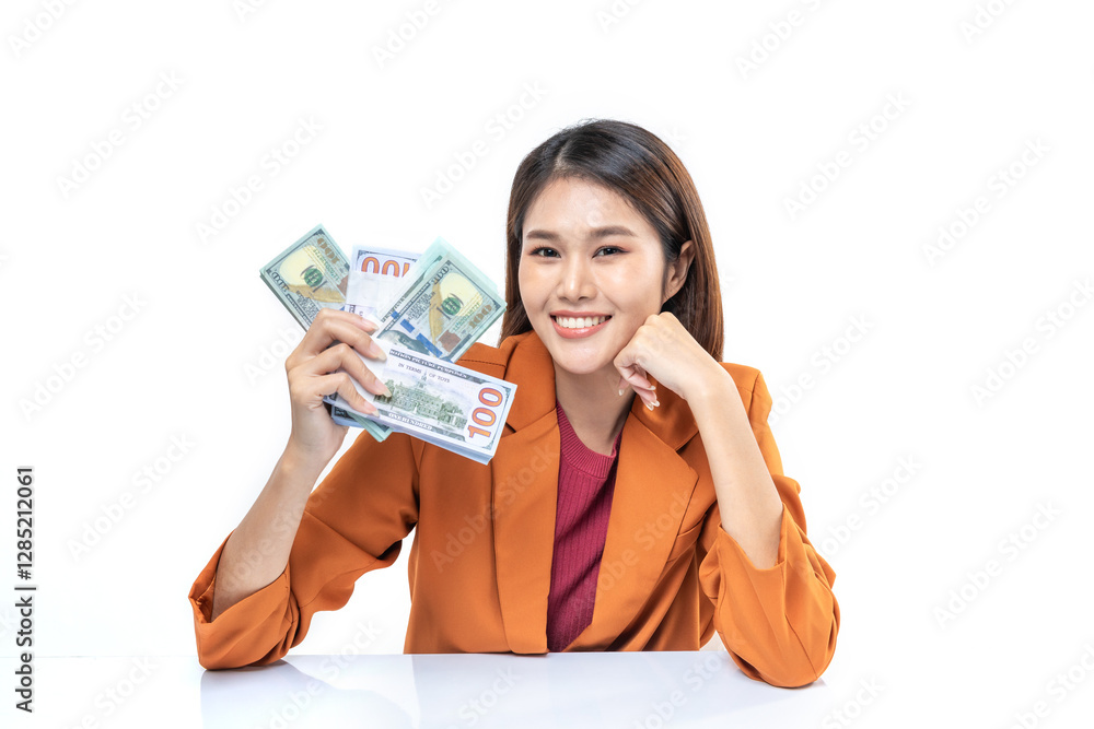 Successful beautiful Asian business young woman holding money US dollar bills in hand isolated on white background , financial and business concept Successful beautiful Asian business young woman holding money US dollar bills in hand isolated on white background , financial and business concept