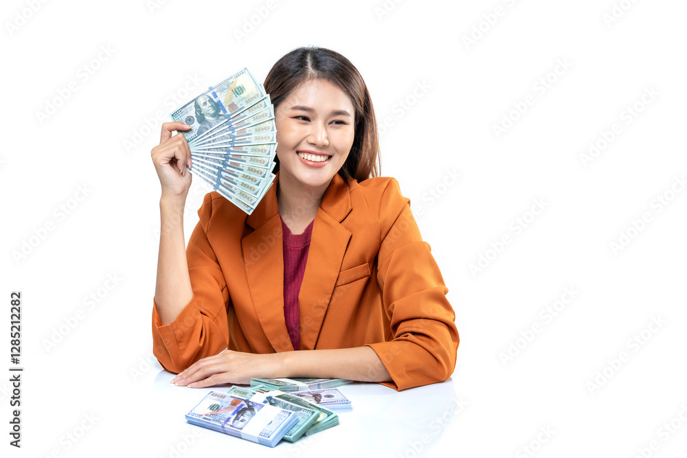 Successful beautiful Asian business young woman holding money US dollar bills in hand isolated on white background , financial and business concept Successful beautiful Asian business young woman holding money US dollar bills in hand isolated on white background , financial and business concept