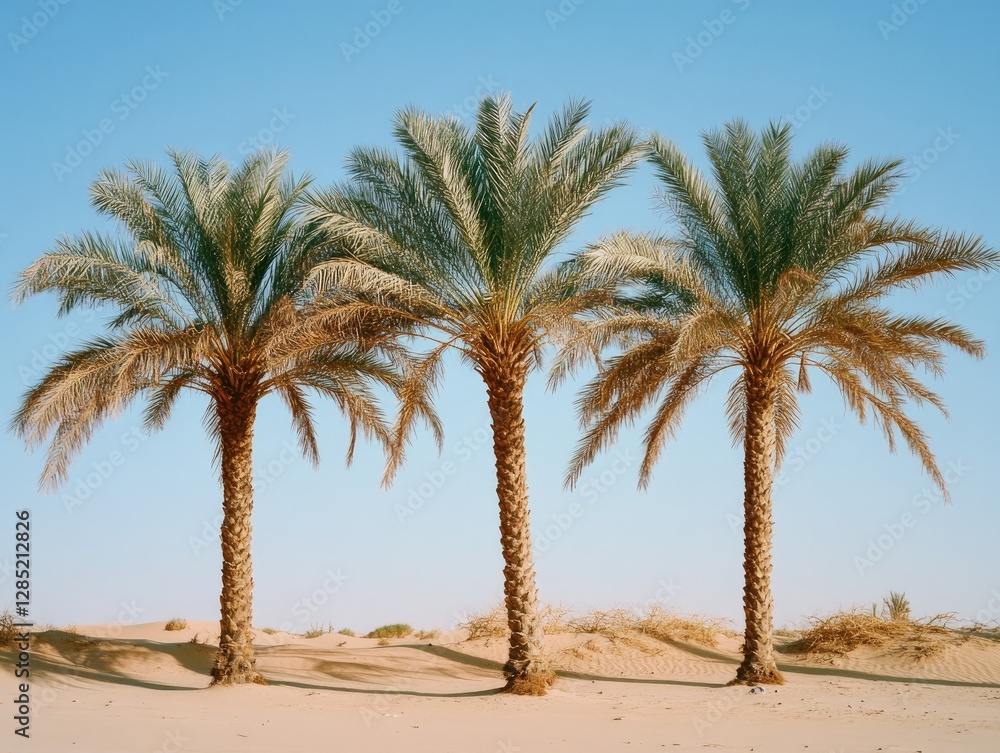 Desert Palm Trees, Sunny Day, Sand Dunes, Peaceful Scenery Desert Palm Trees, Sunny Day, Sand Dunes, Peaceful Scenery