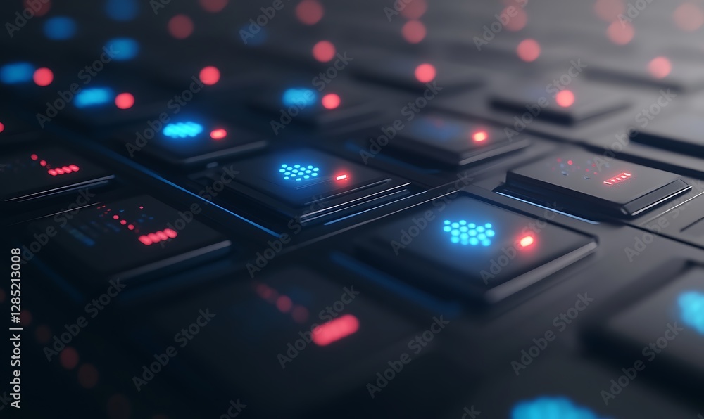 Futuristic keyboard with illuminated keys in blue and red tones, showcasing technology and design. Futuristic keyboard with illuminated keys in blue and red tones, showcasing technology and design.