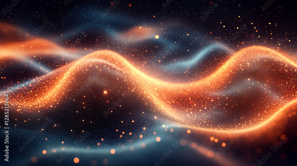 Obraz premium A vibrant glowing wave flows through abstract particles, symbolizing the essence of change and expansion, evoking growth, transformation, and progress in a modern, dynamic setting.