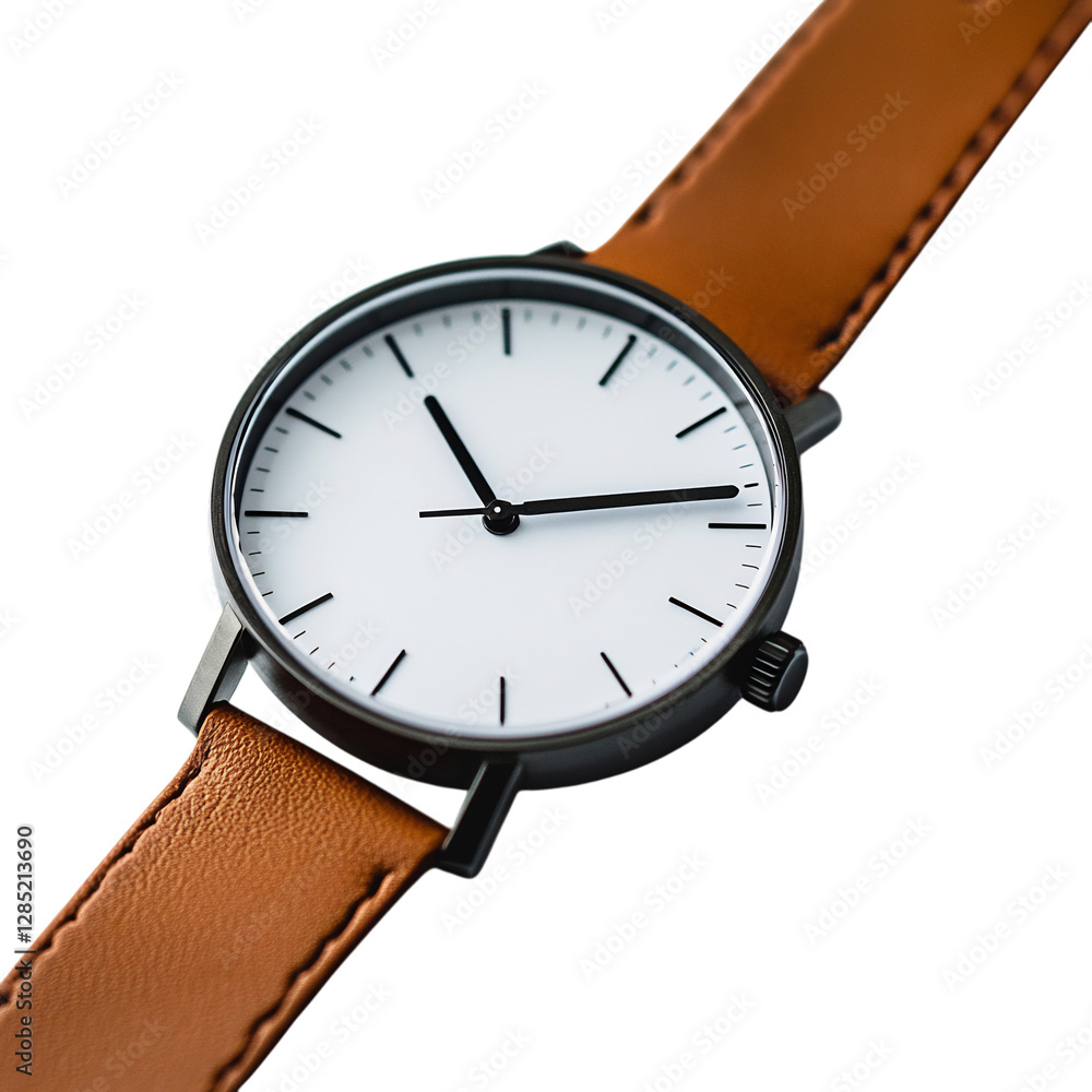 Minimalist Men's Watch with White Face and Brown Leather Strap Isolated on Transparent Background Minimalist Men's Watch with White Face and Brown Leather Strap Isolated on Transparent Background