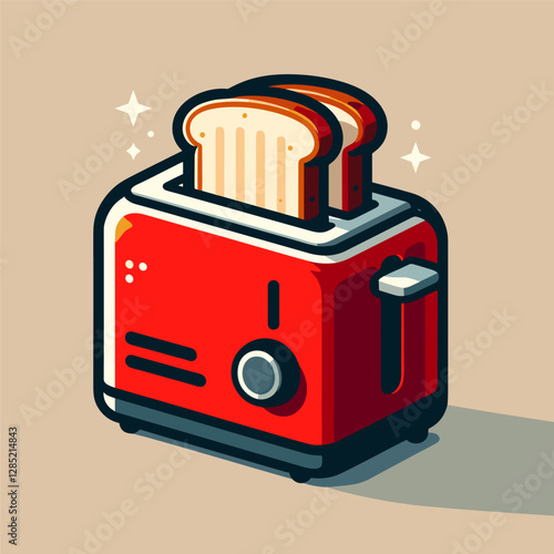  A red toaster with a slice of toast popping out. The toaster is stylized with a cartoonish design, and the background is light cream.