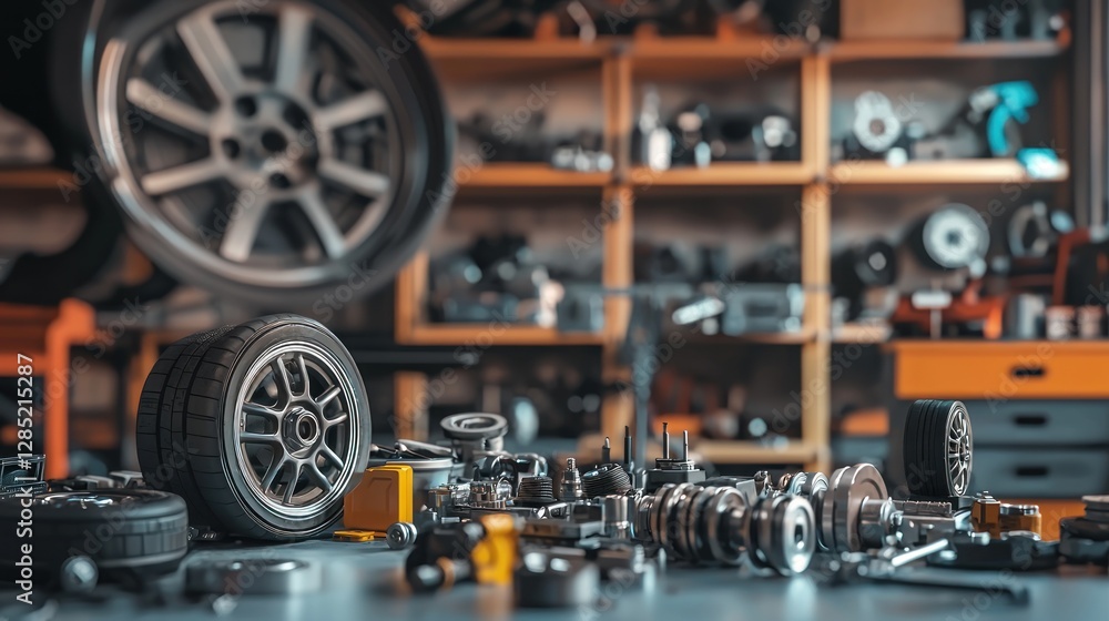 Fototapeta premium Close-up view of various automotive parts scattered on a workbench in a mechanic's garage