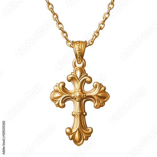 A golden cross pendant hanging from a delicate chain, stylized digital illustration, soft and warm color palette, transparent background, PNG