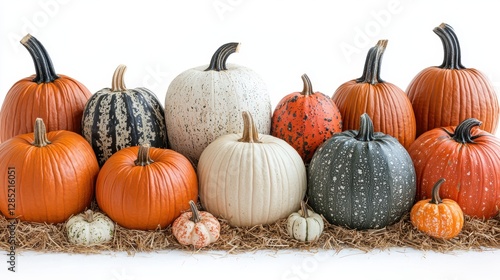 Assortment of decorative pumpkins and gourds for autumn harvest season photo