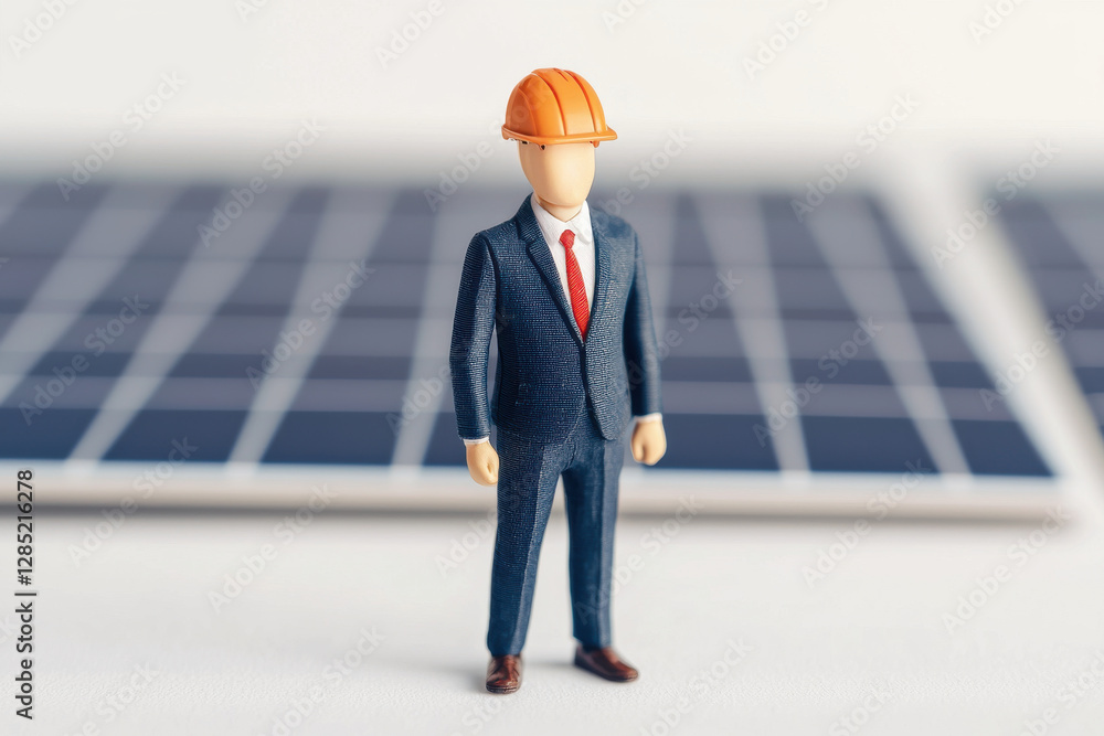 Miniature figure of engineer with solar panels in background Miniature figure of engineer with solar panels in background